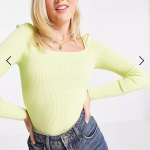 Miss Selfridge Chartreuse Rib Knit Square Neck Puff Sleeve Sweater
